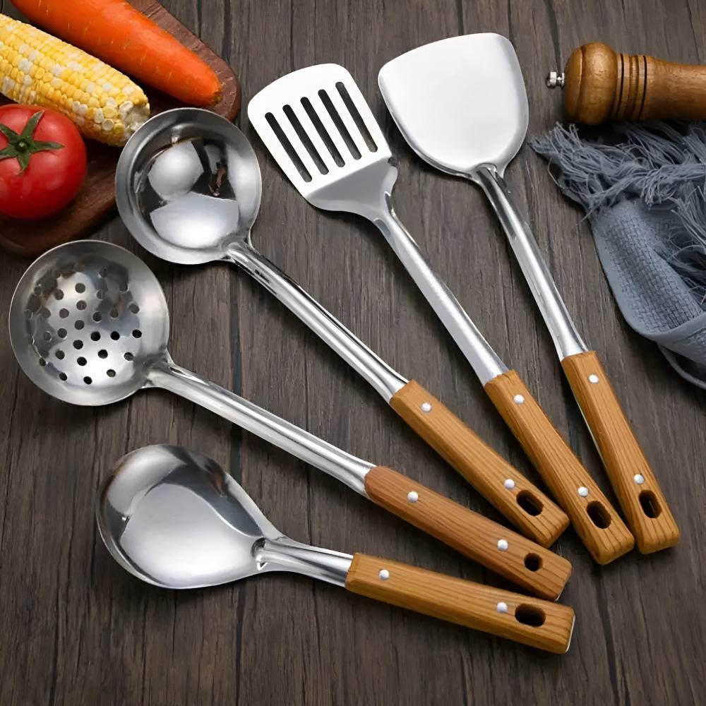 Essential Stainless Steel & Wood Utensil Set for Every Kitchen