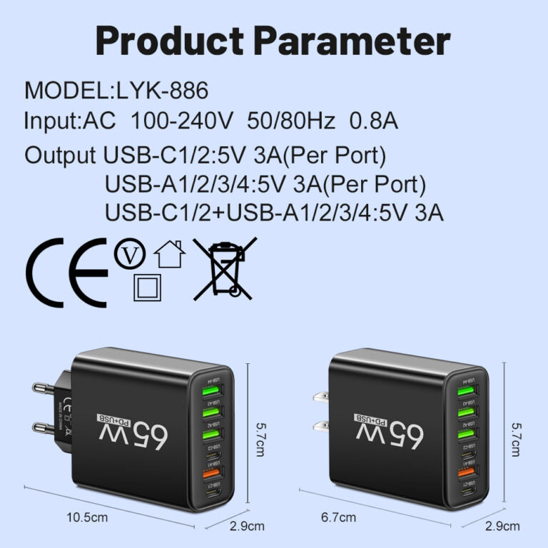 65W Multi-Device Rapid Charger – Power Up to 6 Gadgets Anywhere