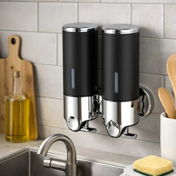 Wall-Mounted Soap Dispenser | Dish Soap Set | Sleek Black, Silver & Clear