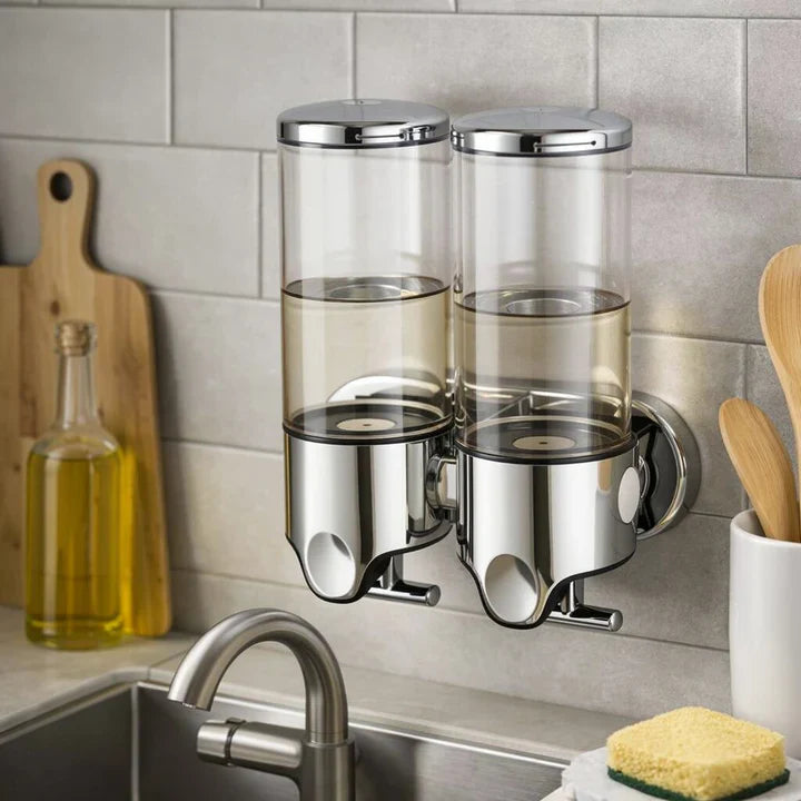 Wall-Mounted Soap Dispenser | Dish Soap Set | Sleek Black, Silver & Clear