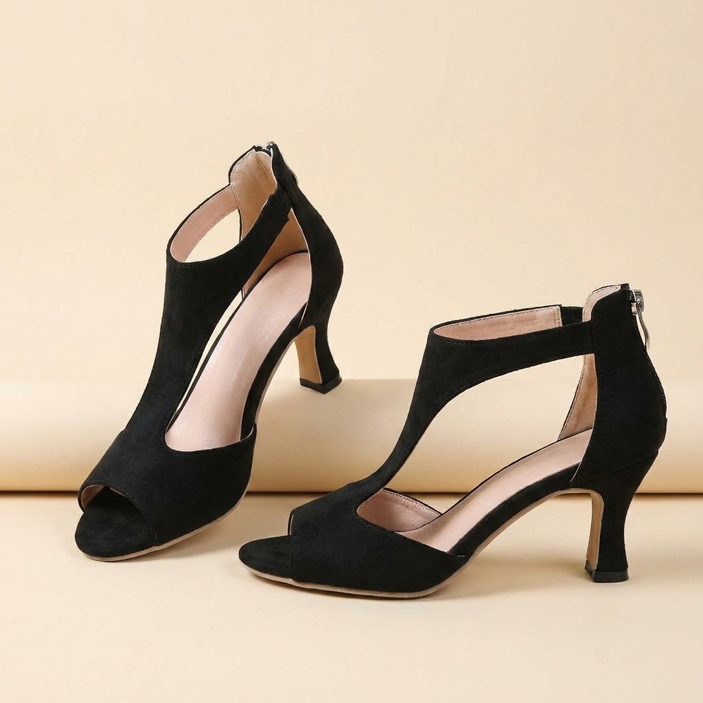 VelariaStride™ – Elegant Peep-Toe T-Strap Heels with Back-Zip Closure