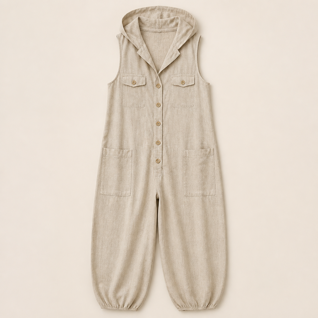 Liora™ – Relaxed Hooded Linen-Blend Sleeveless Jumpsuit with Utility Pockets