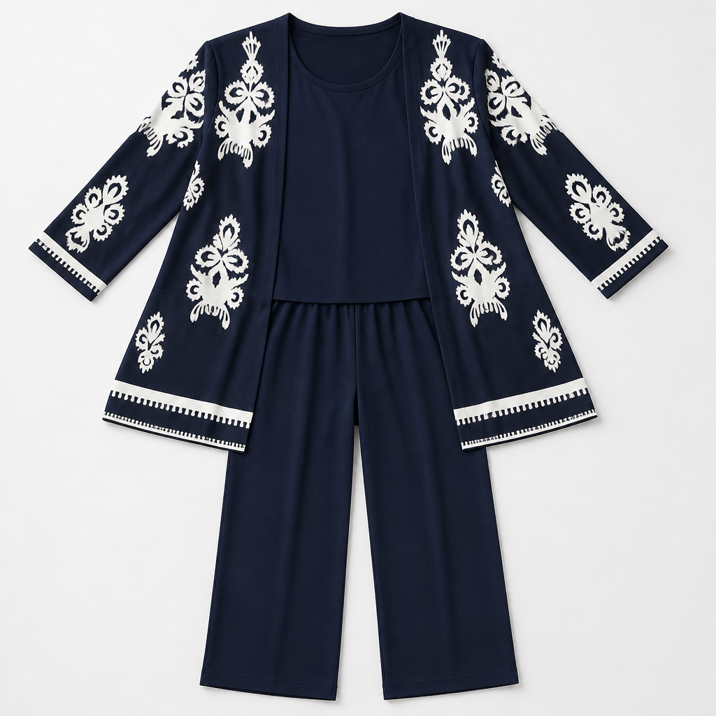 Margaret™ – Elegant Three-Piece Longline Cardigan, Shell & Straight-Leg Pant Set