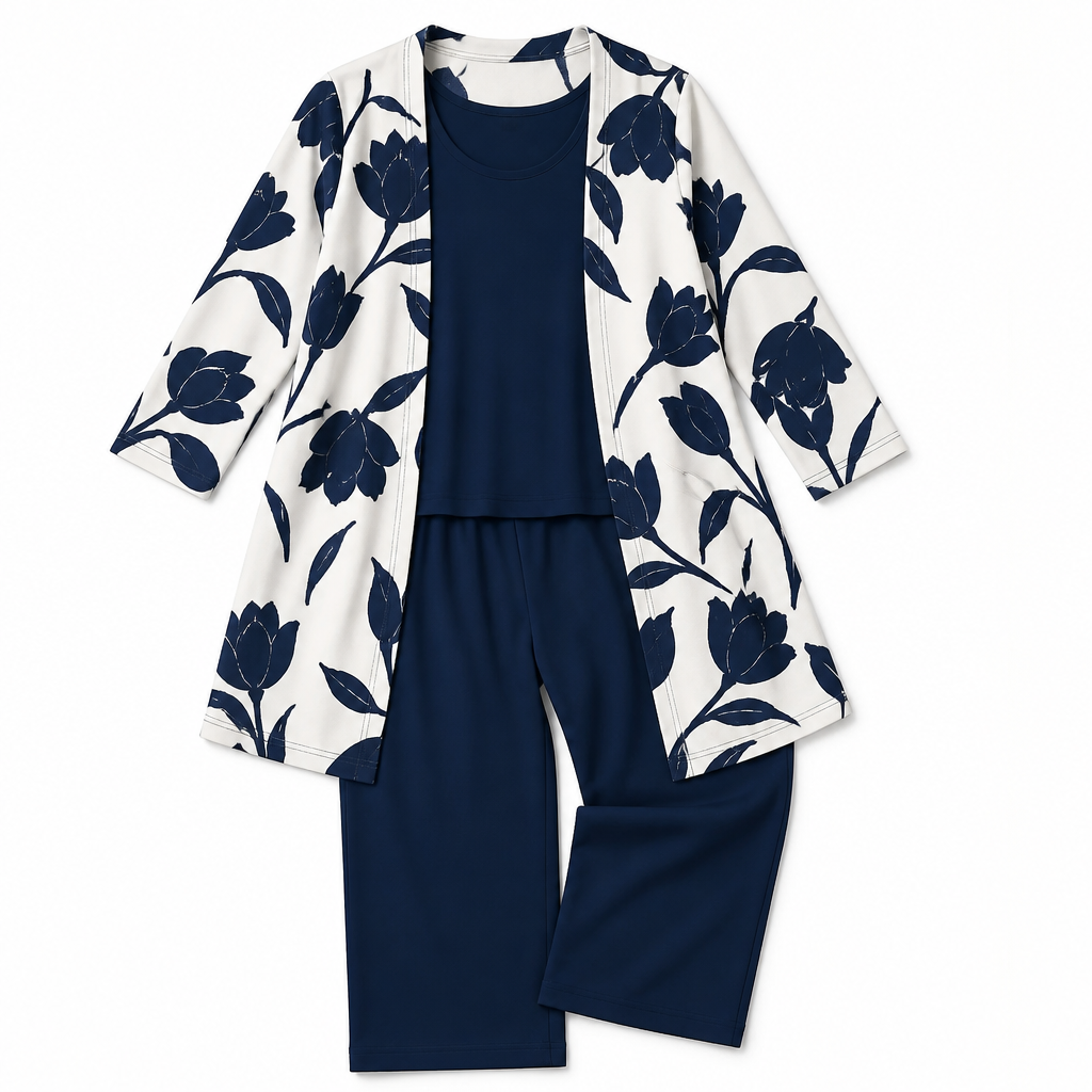 Margaret™ – Elegant Three-Piece Longline Cardigan, Shell & Straight-Leg Pant Set
