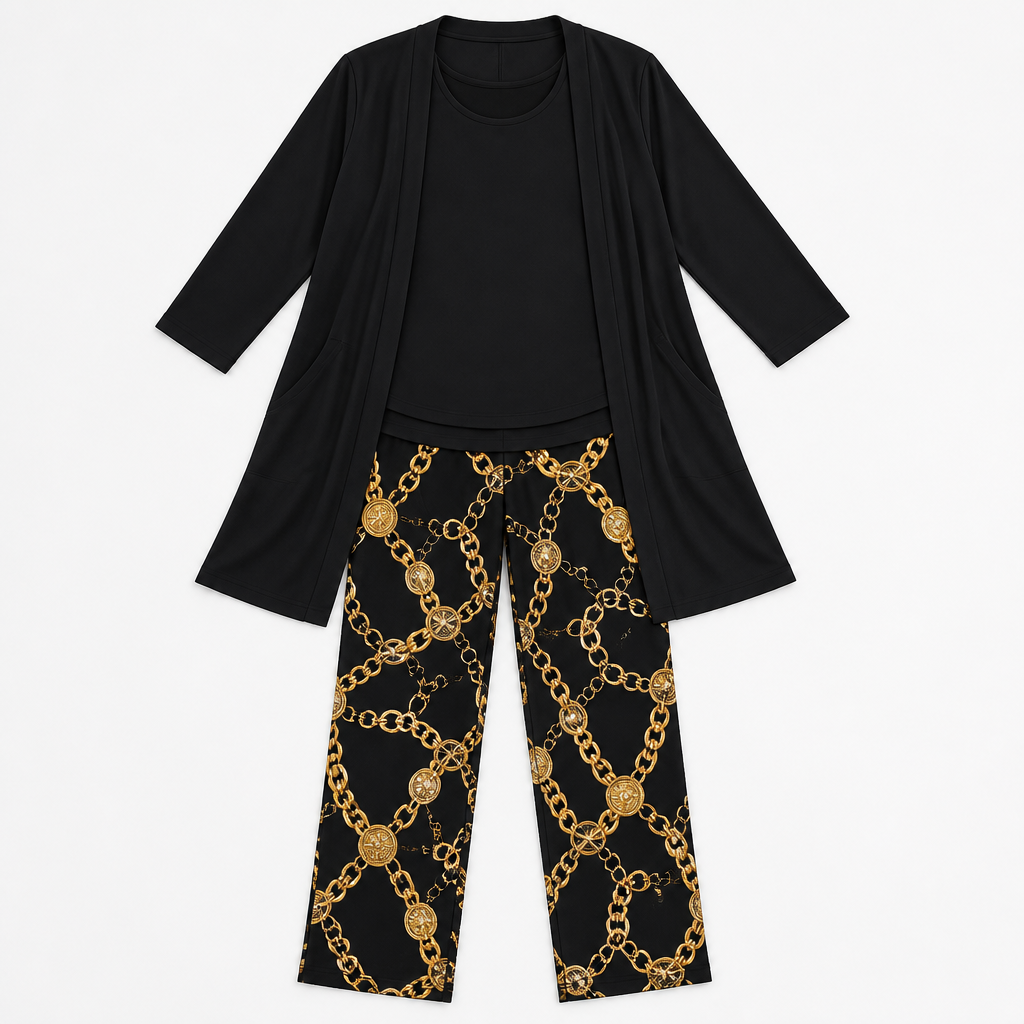 Margaret™ – Elegant Three-Piece Longline Cardigan, Shell & Straight-Leg Pant Set