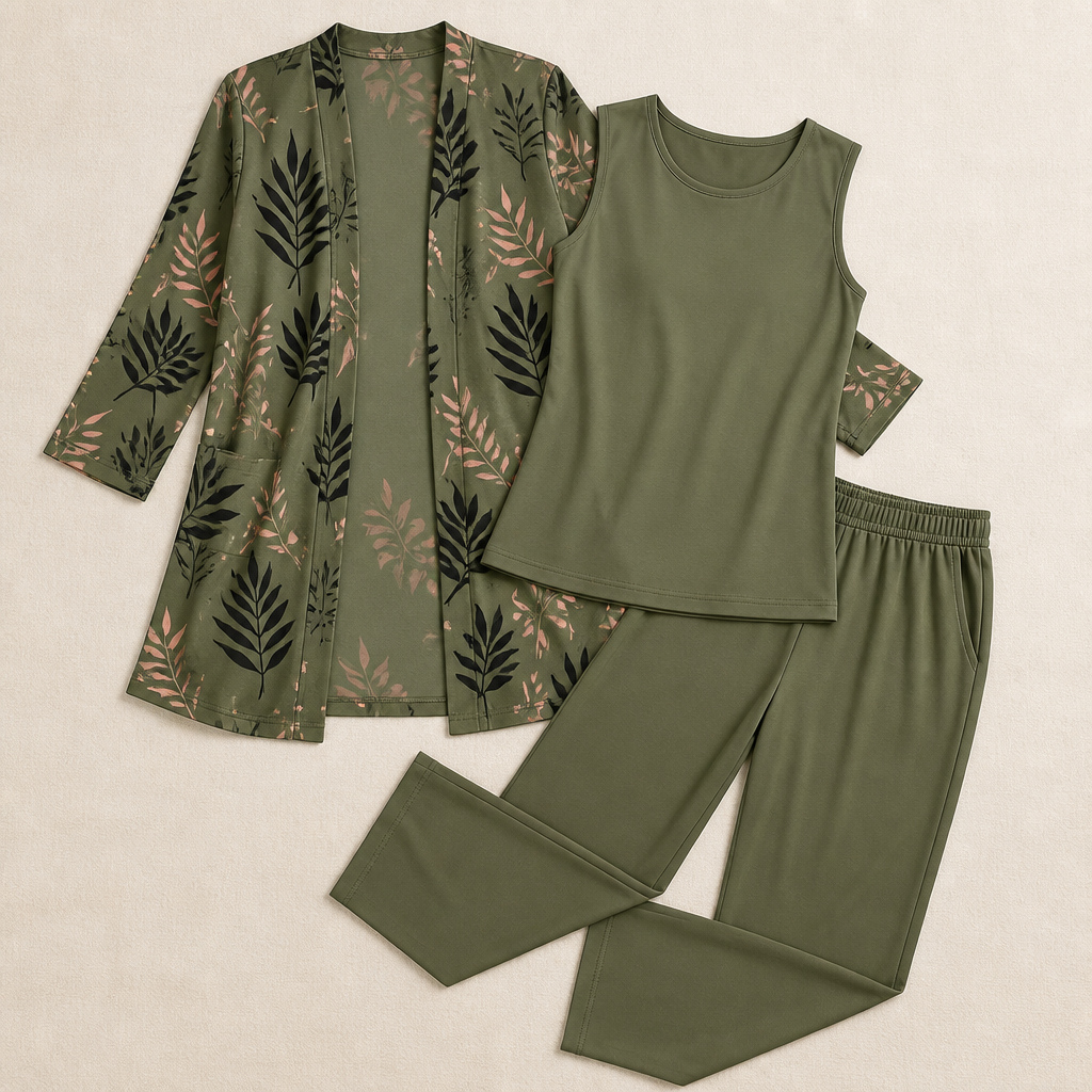 Margaret™ – Elegant Three-Piece Longline Cardigan, Shell & Straight-Leg Pant Set