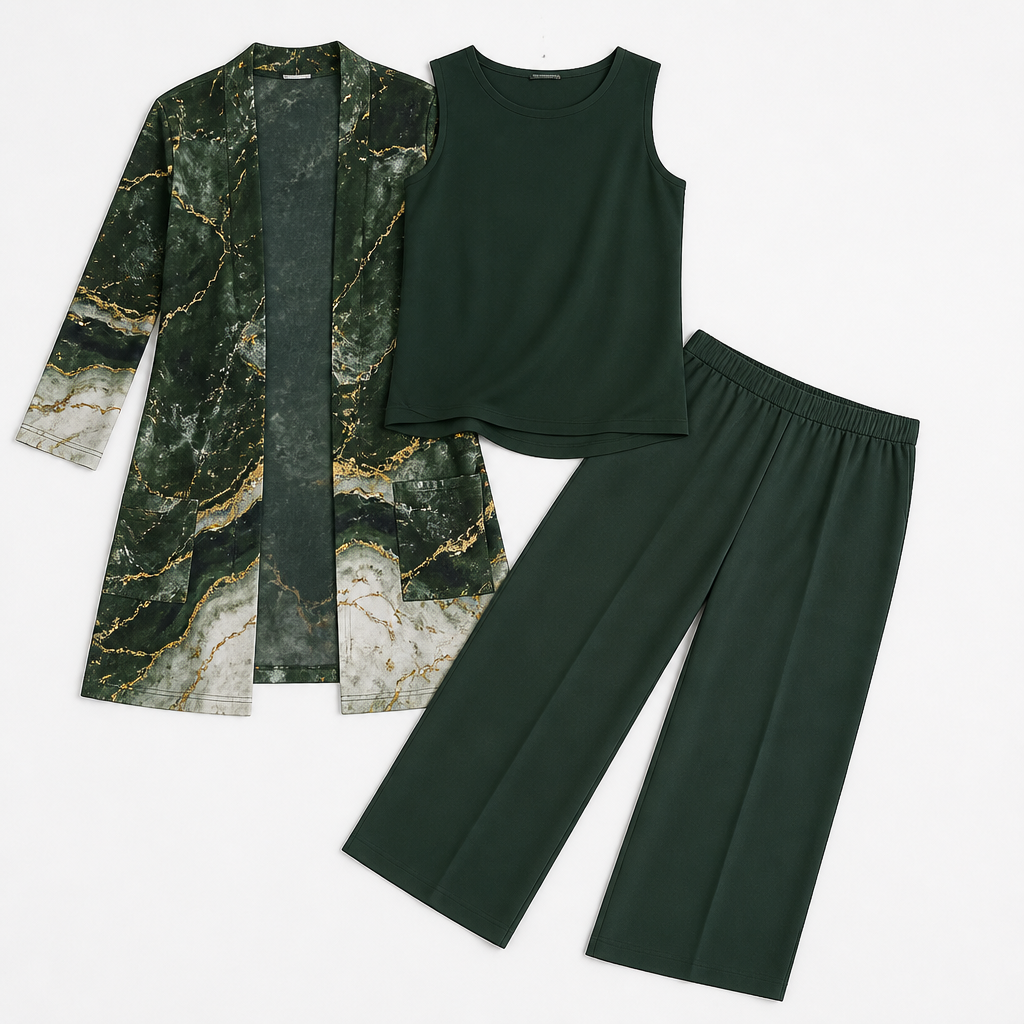 Margaret™ – Elegant Three-Piece Longline Cardigan, Shell & Straight-Leg Pant Set