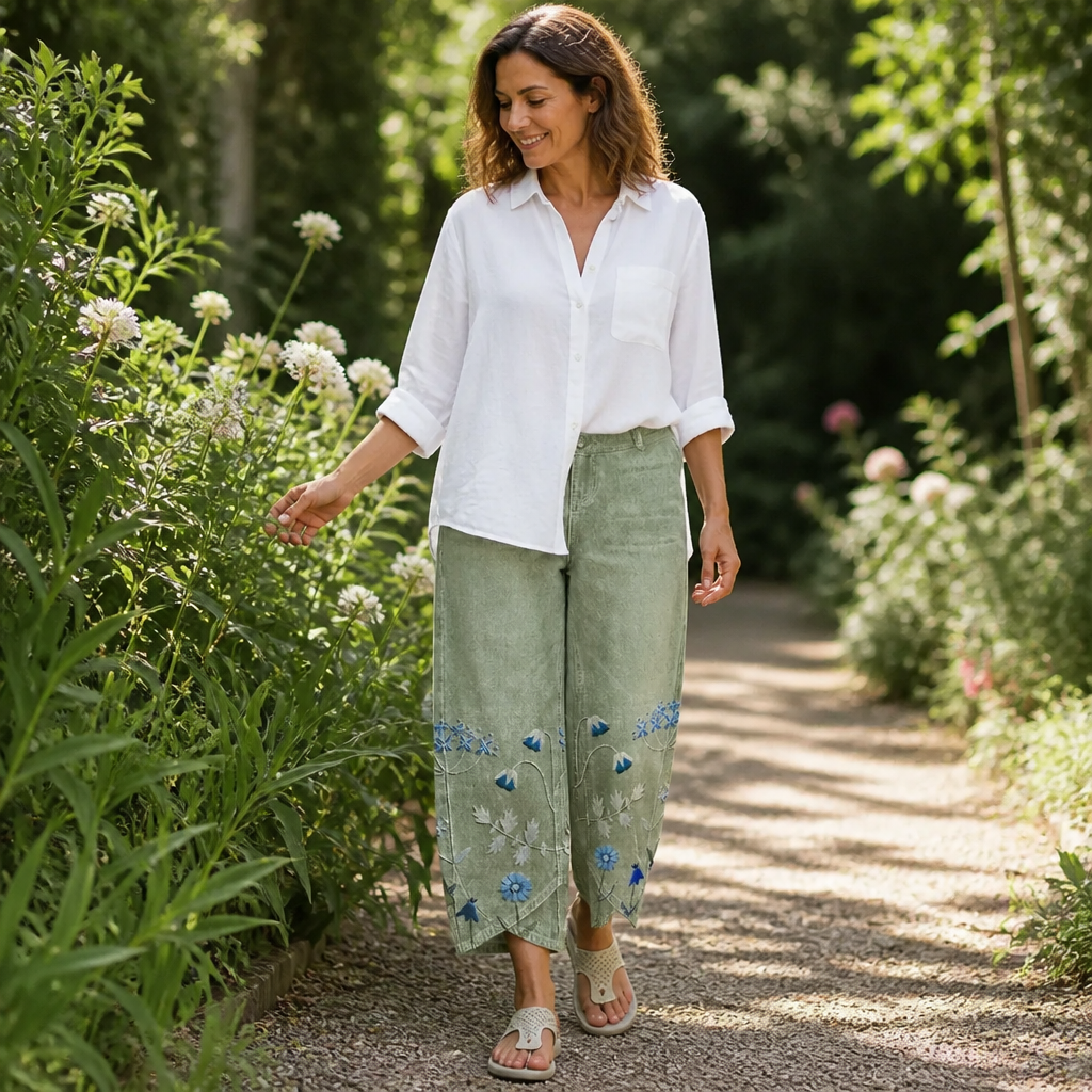 Aven™ – Floral Embroidered Tulip-Hem Lantern Trousers