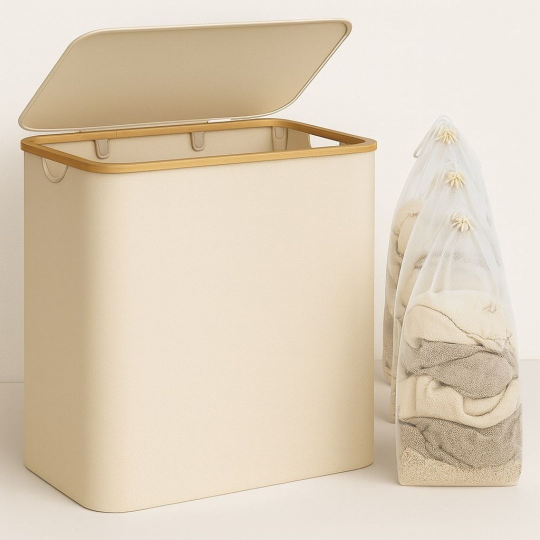 Stylish Laundry Organizer with Lid | 3-Compartment Collection Basket in Neutral Tones