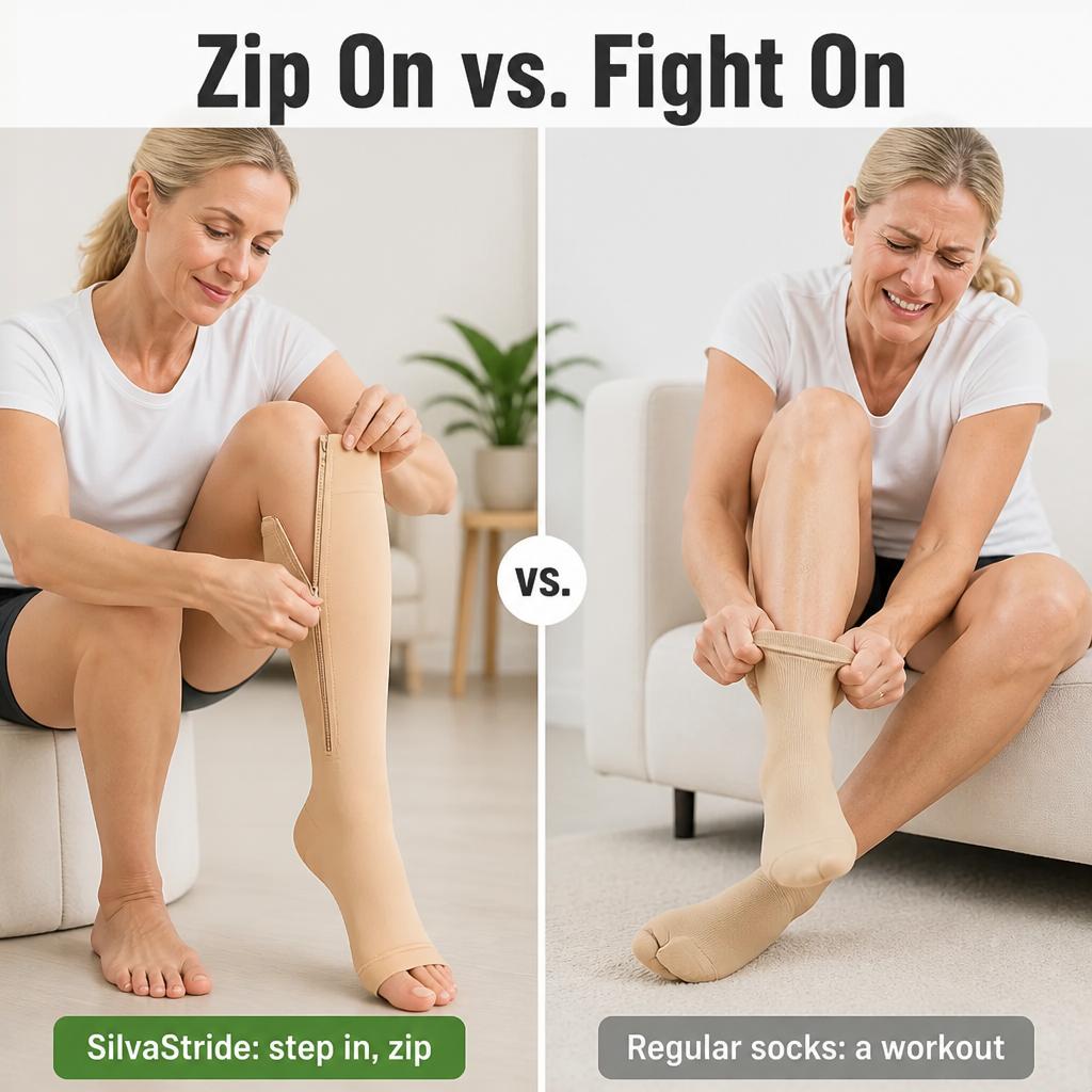 SilvaStride™ — Zip On Compression That Eases Swollen, Tired Legs by Evening