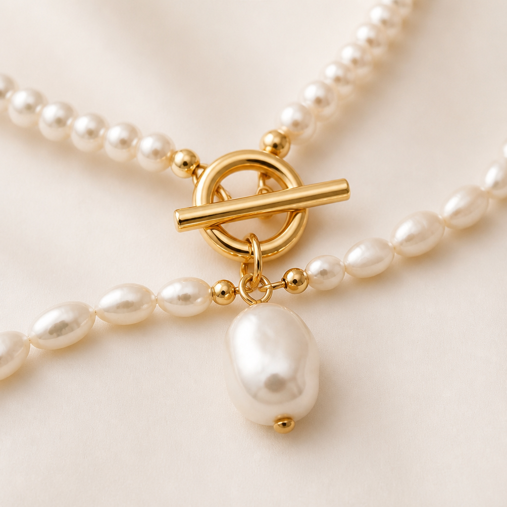 VeraLuxe™ – Triple-Strand Pearl Necklace Set with Gold Toggle Fastenings