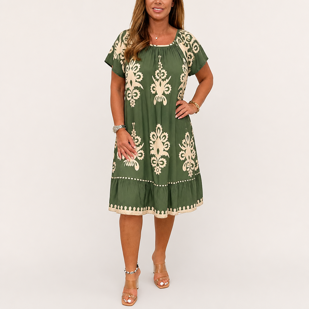 FlexiFit™ – Breezy Boho Patterned Midi Dress with Layered Hem