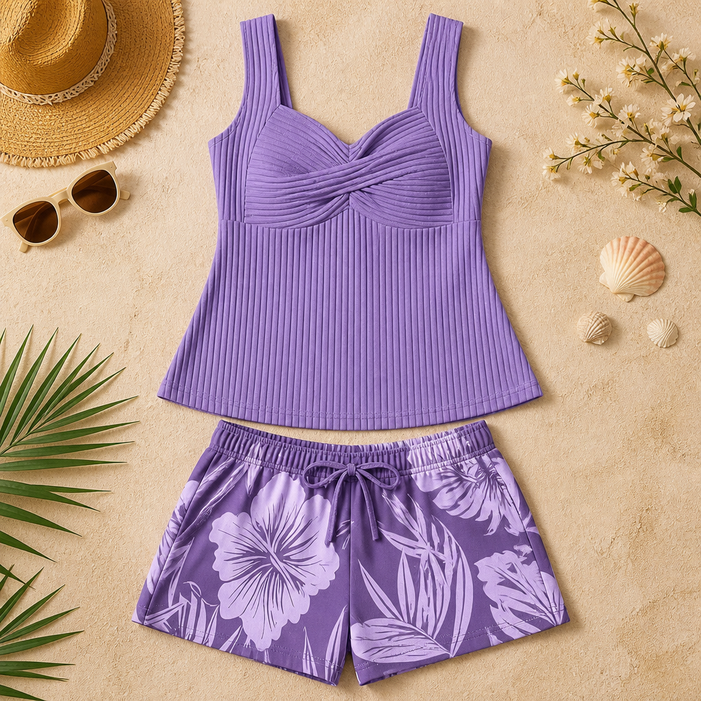 CurvaLuxe™ – Ribbed Twist-Front Tankini Set with Boxer Shorts