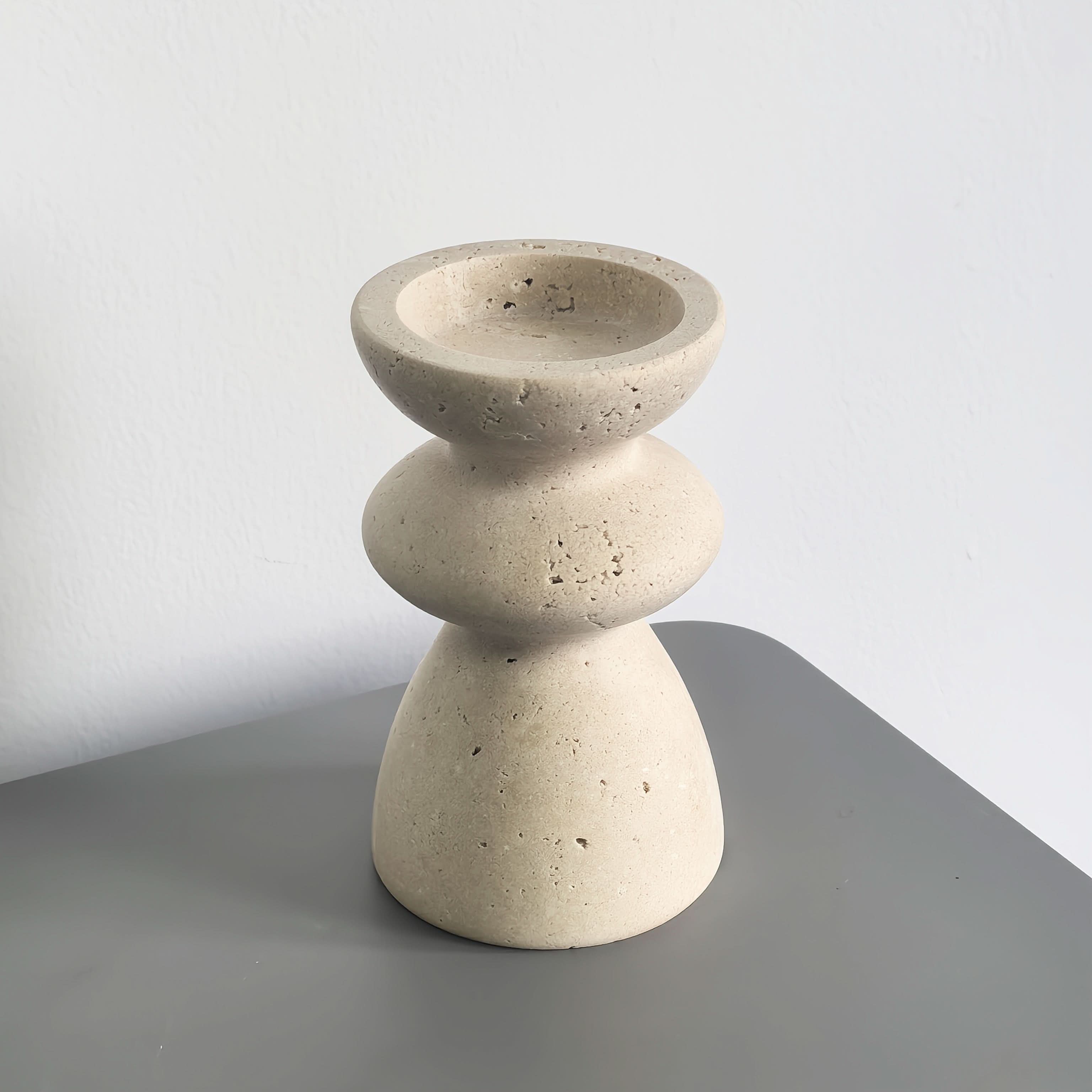 Set of Natural Marble Candle Holders in Travertine Style