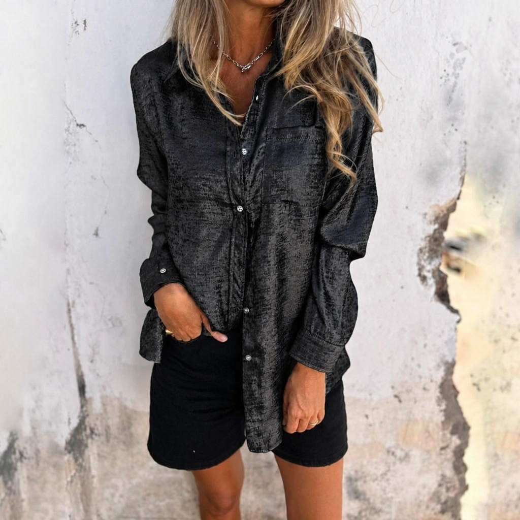 SilkenShade™ – Shiny Metallic Button-Down Shirt with Lapel Collar