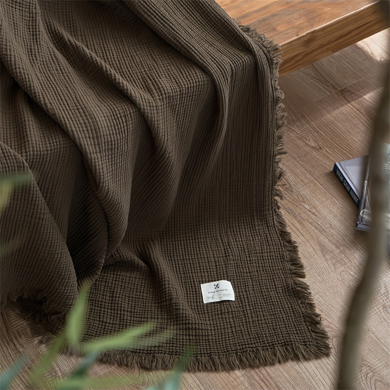 BreezyCotton – Luxurious 4-Layer Cotton Gauze Throw with Chic Fringe