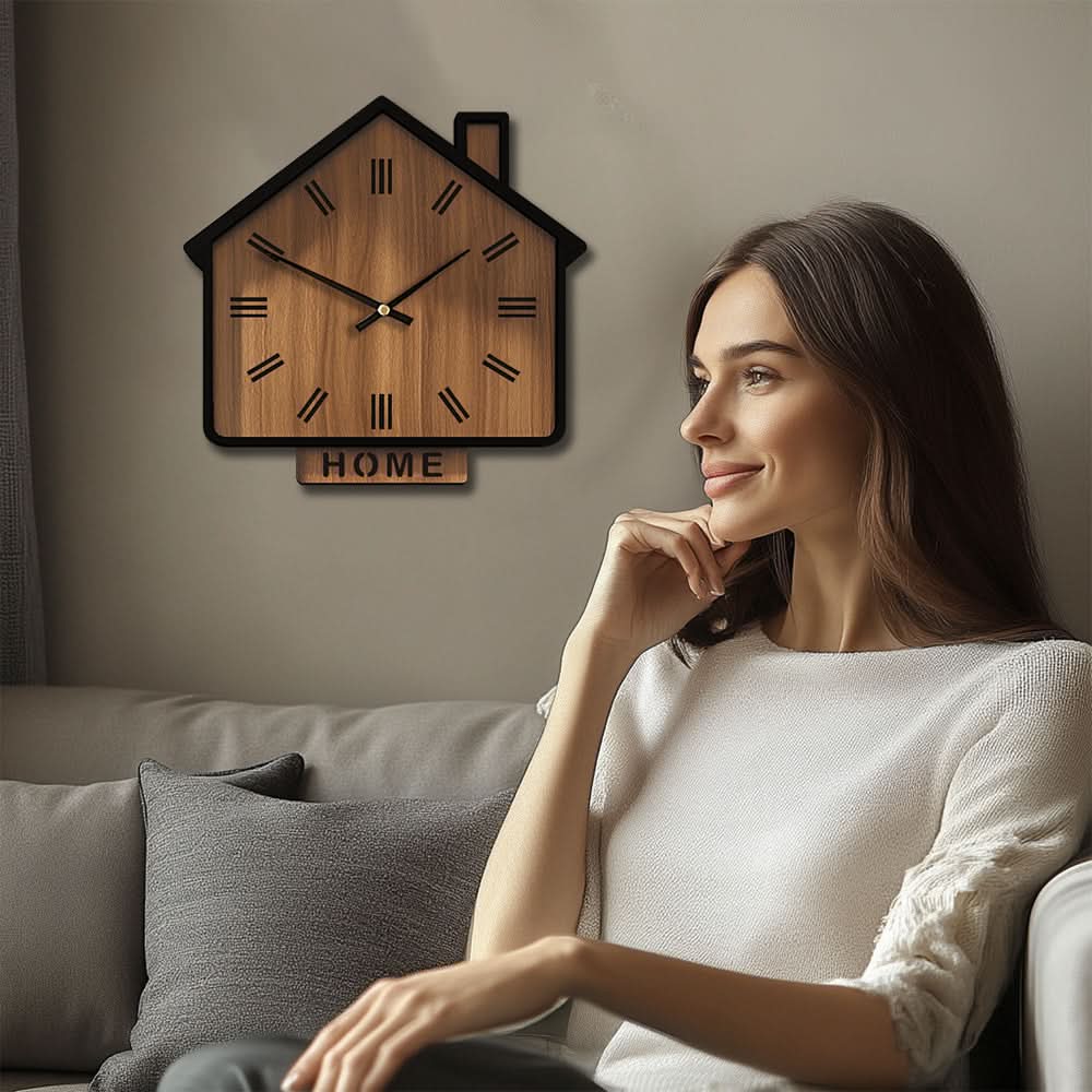 Rustic Wooden Wall Clock in House Shape