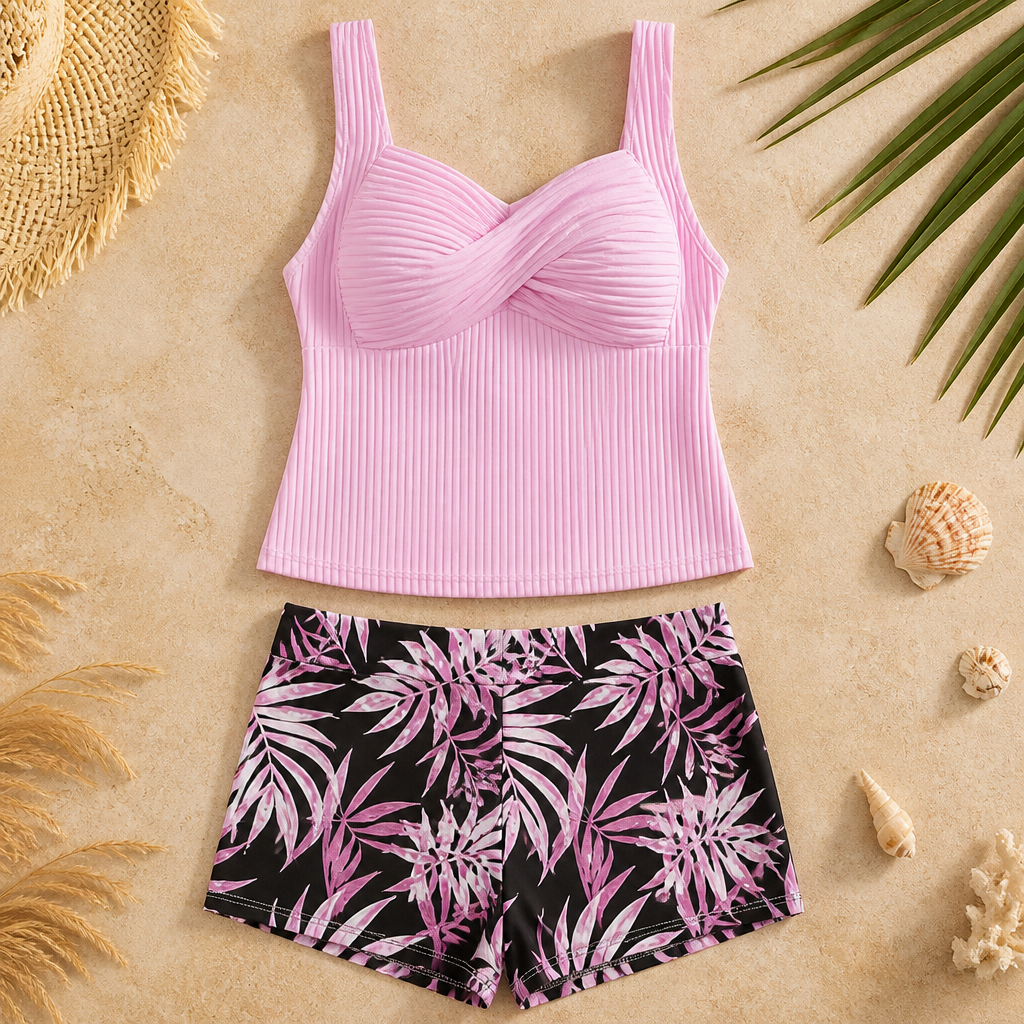 CurvaLuxe™ – Ribbed Twist-Front Tankini Set with Boxer Shorts