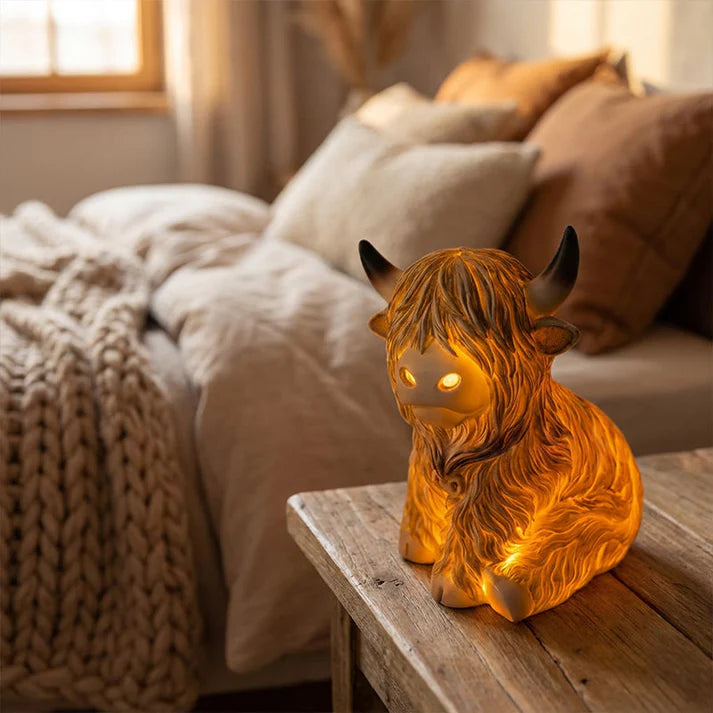 Highland Cattle Night Lamp Made from Resin – Decorative Light with Warm Amber Glow