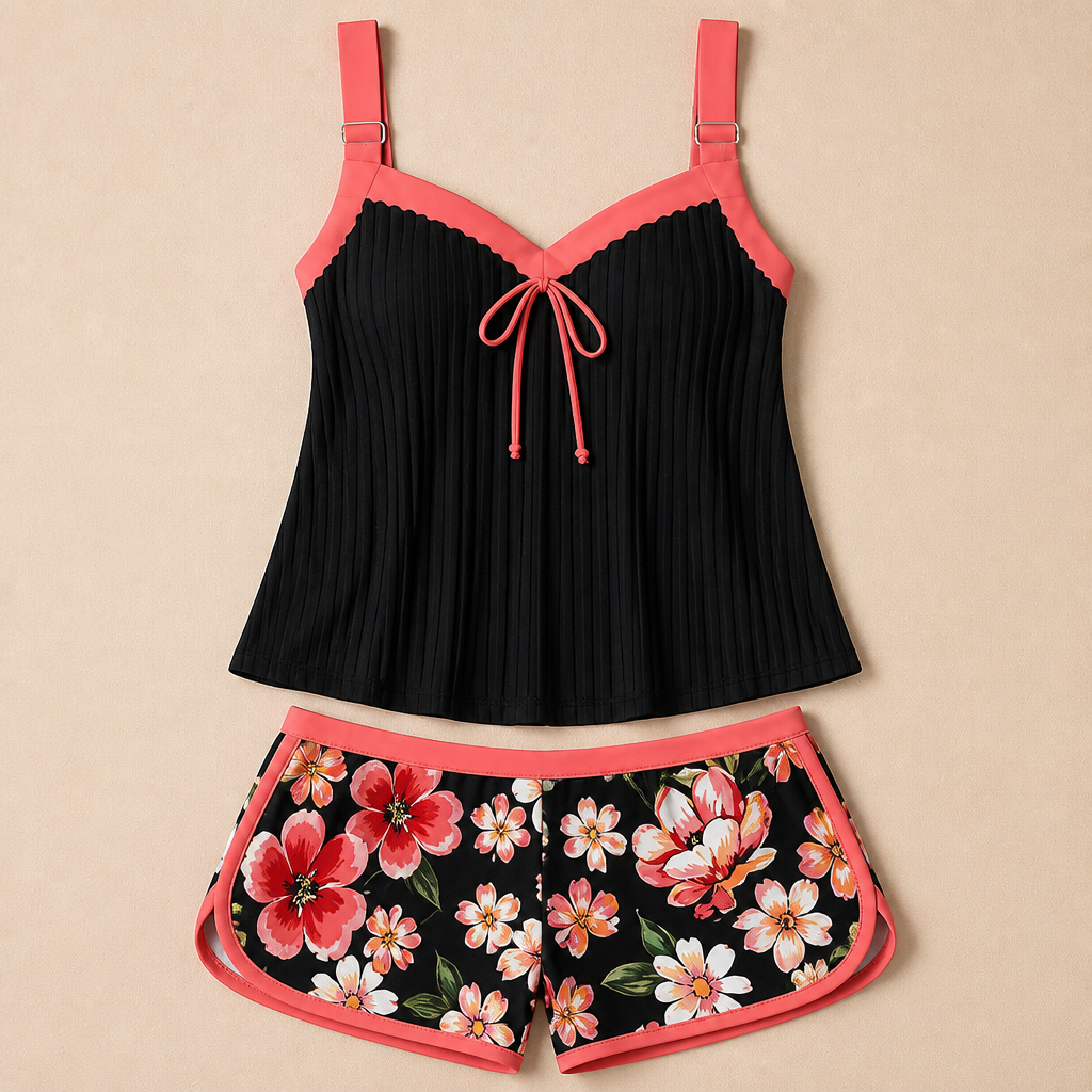 SoloraSway™ – Flowing Pleated Tankini Set with Coverage Shorts