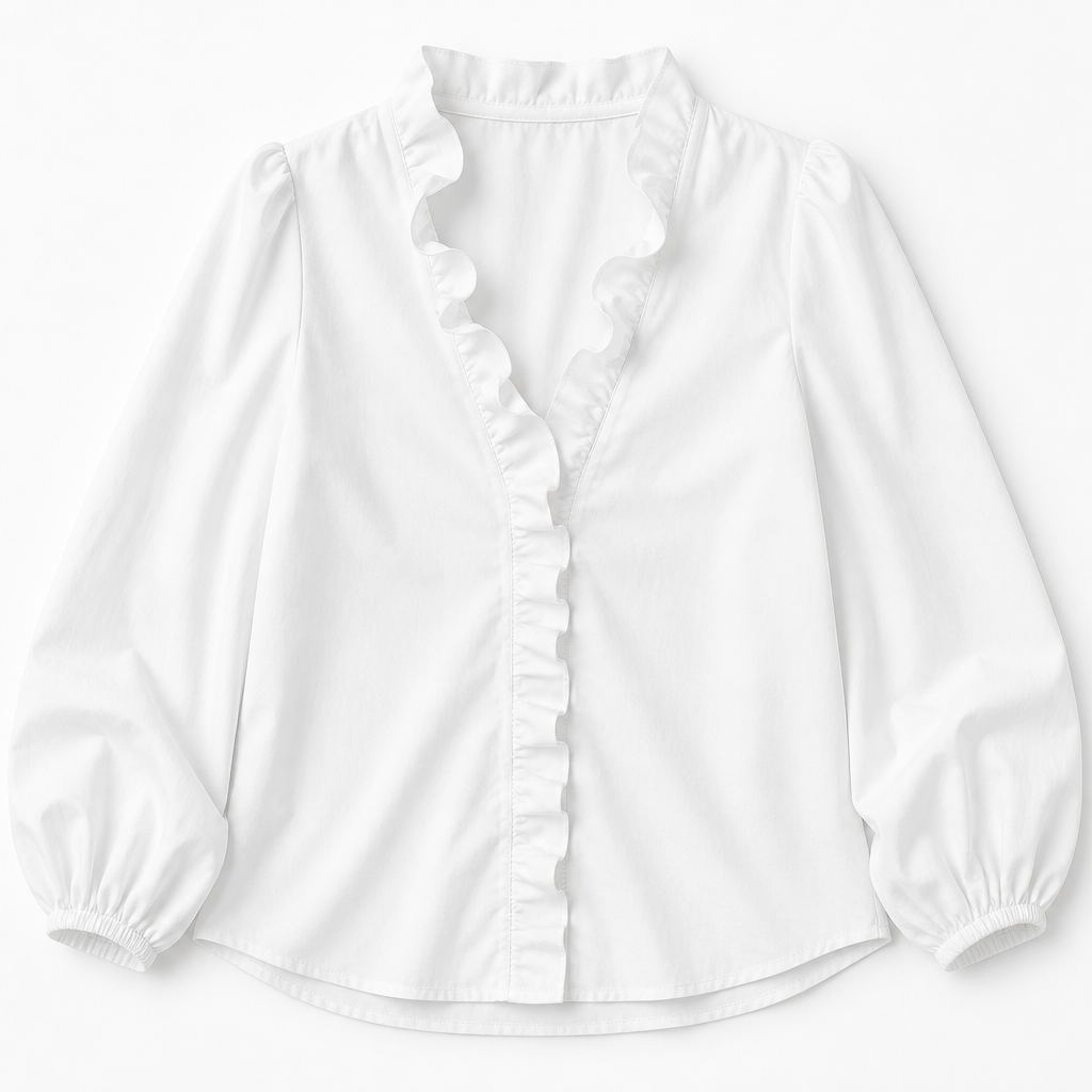 FlairMist™ – Romantic Ruffled V-Neck Top with Lantern Sleeves