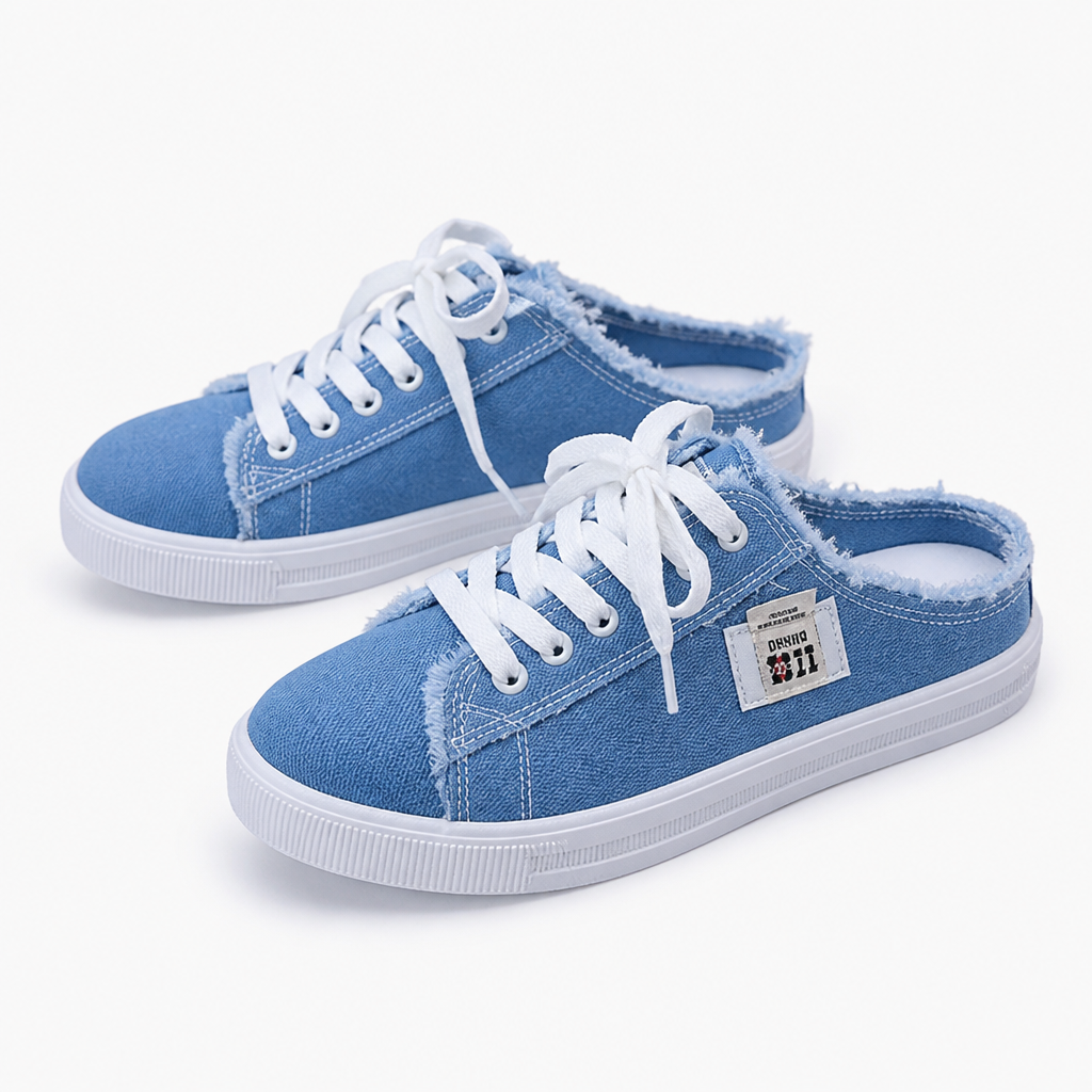 StridePulse™ – Casual Denim Mule Sneakers with Frayed Edges
