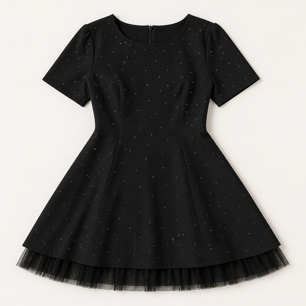 VeroLux™ – Mini Dress with Rhinestone Accents and Layered Tulle Hem