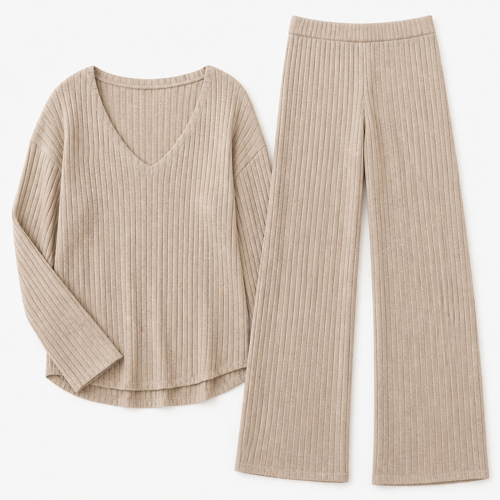 Serelis™ – Soft Ribbed V-Neck Lounge Set Featuring Wide-Leg Pants