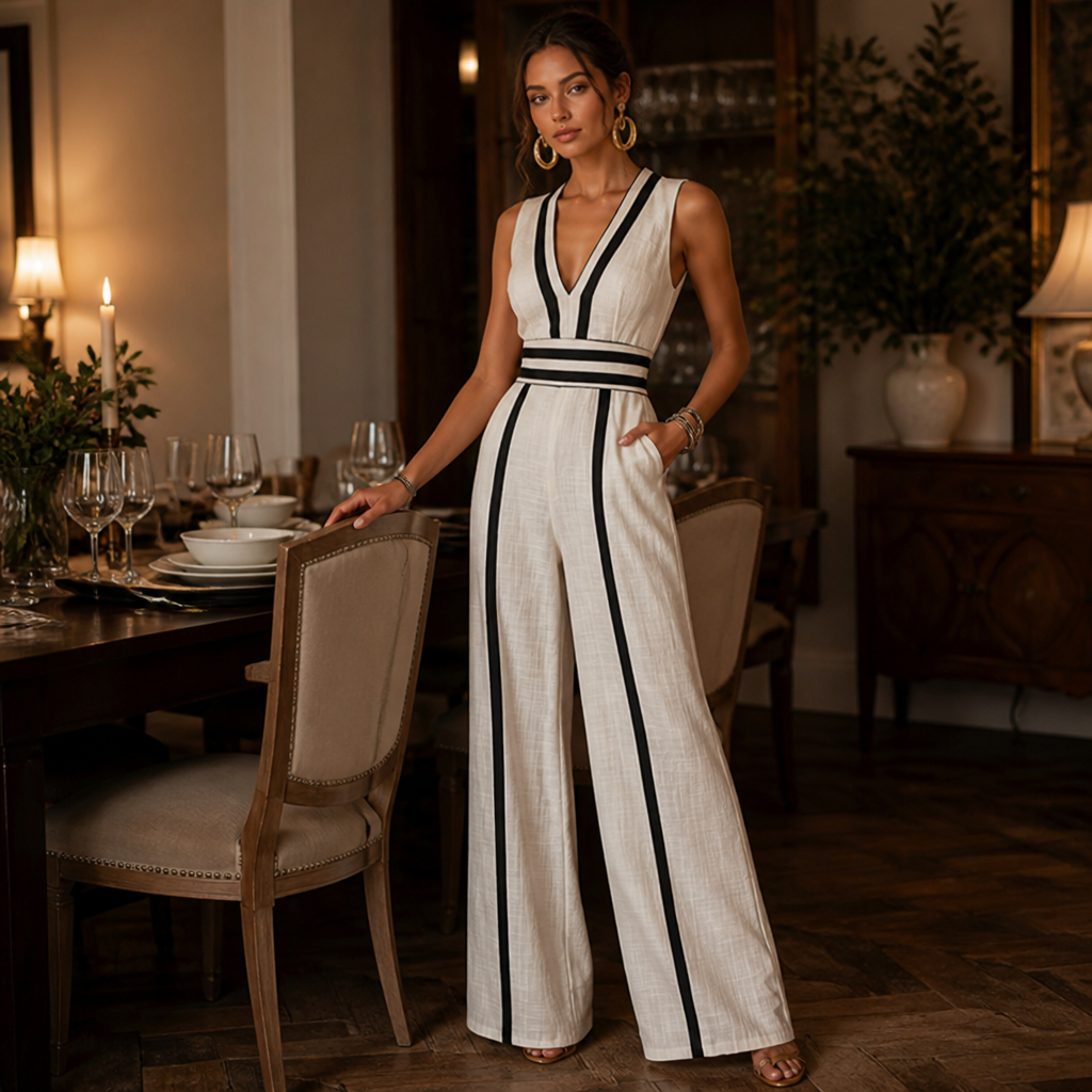 SilhouetteLuxe™ – Breathable Linen Wide-Leg Jumpsuit with Contrast Waistband