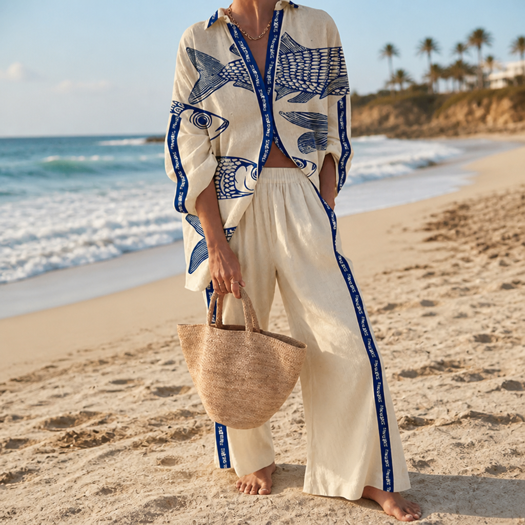 Miralina™ – Relaxed Linen Fish-Print Set with Wide-Leg Pants