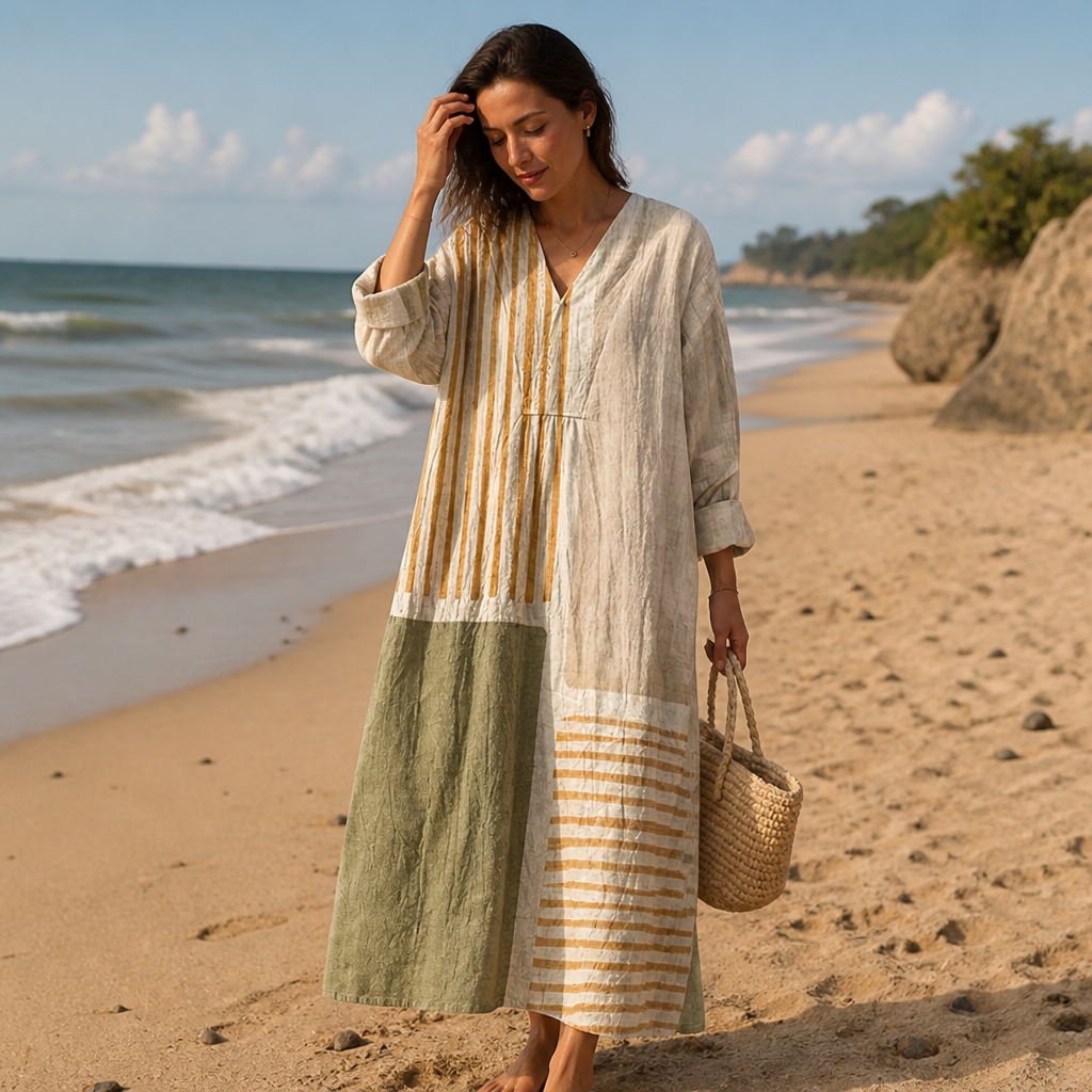 ZephyraFlow™ – Relaxed Striped Patchwork Linen Maxi Dress