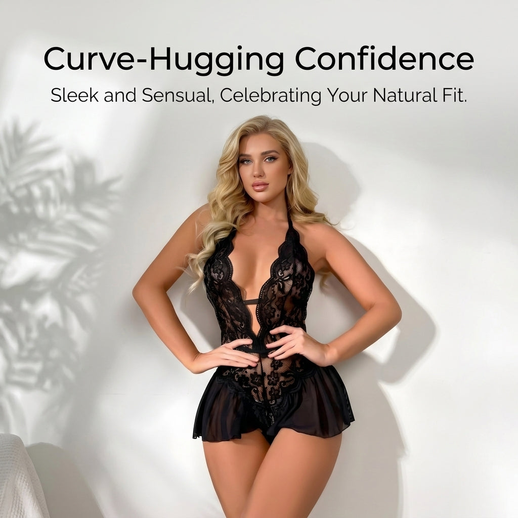 LunaCouture™ – Plunging Lace Halter Babydoll with Flared Mesh Skirt