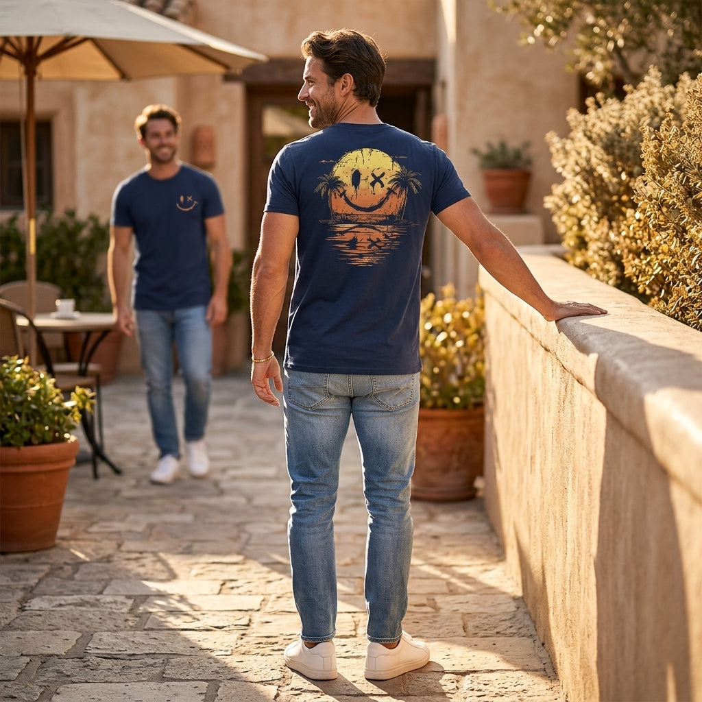 SolaraWave™ – Retro Sunset Smiley Graphic Tee with Front & Back Print