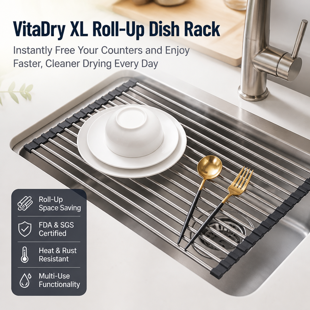 VitaDry™ XL Roll-Up Dish Rack — Instantly Free Your Counters and Enjoy Faster, Cleaner Drying Every Day