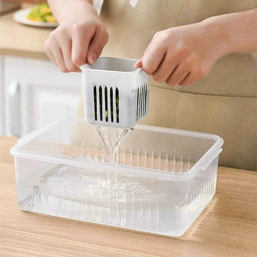 Refrigerator Storage Container | Drain Insert with Moisture Control | Stackable Tray | CoolClear