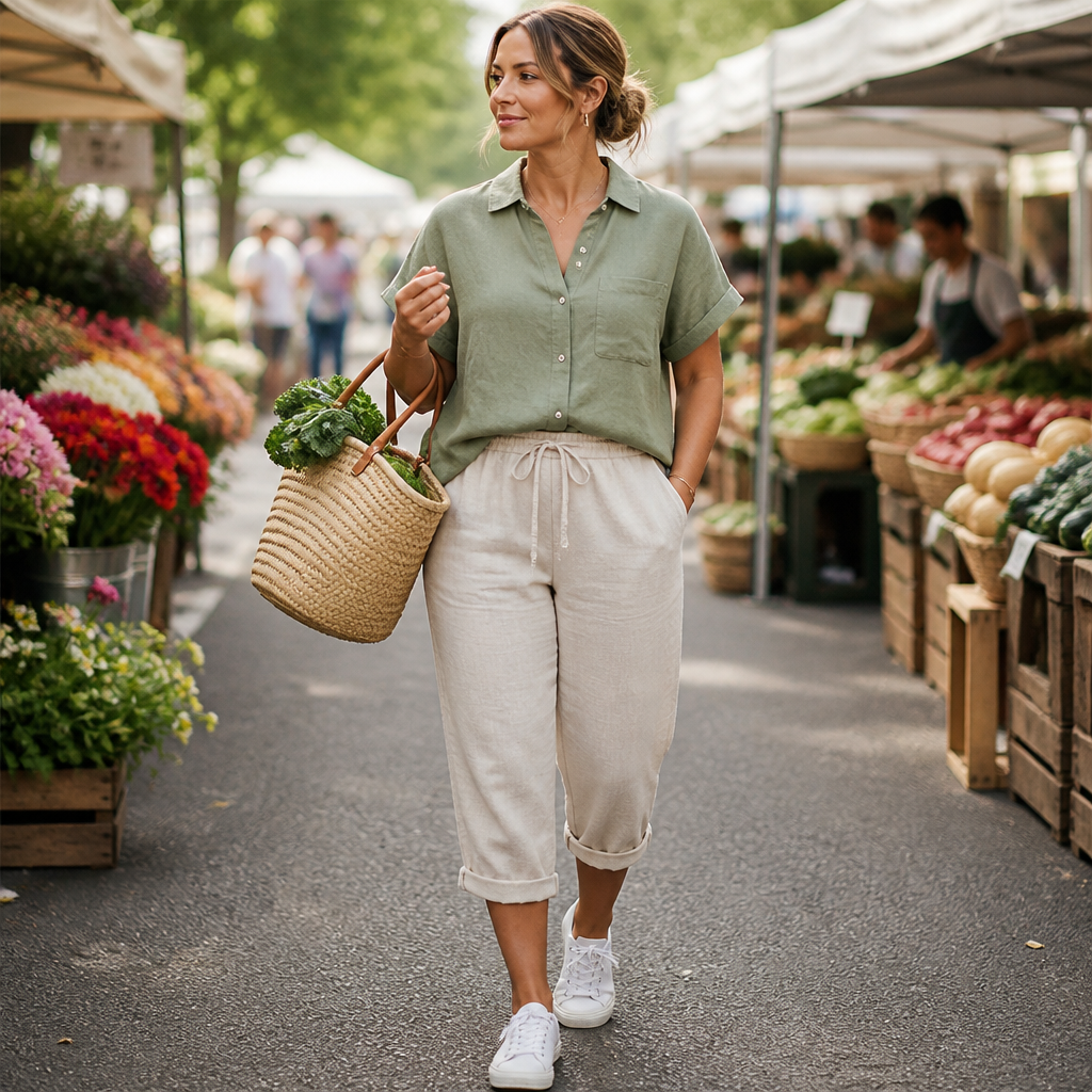 SenseLuxe™ – Airy Cotton-Linen Capri Pants Featuring Rolled Cuffs