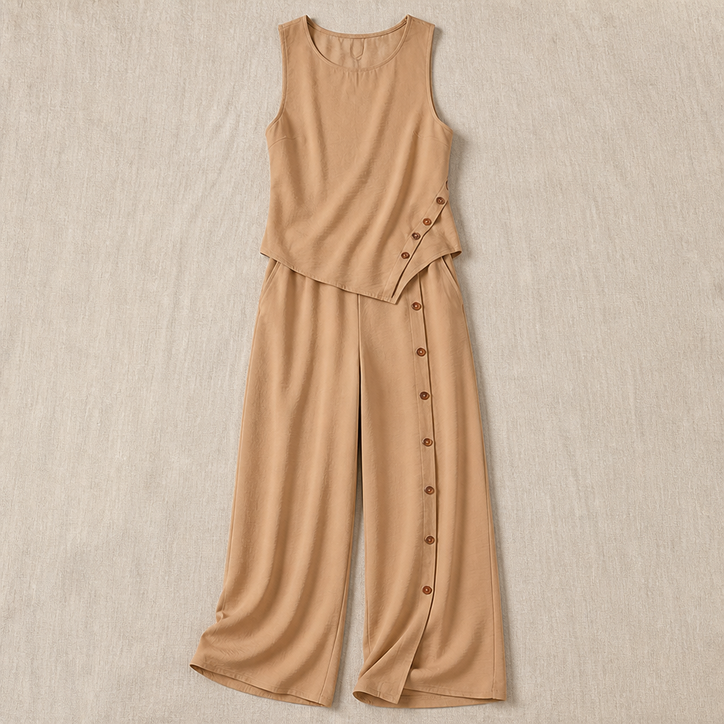VivaLuxe™ – Breezy Wide-Leg Two-Piece Set with Asymmetric Button Detail