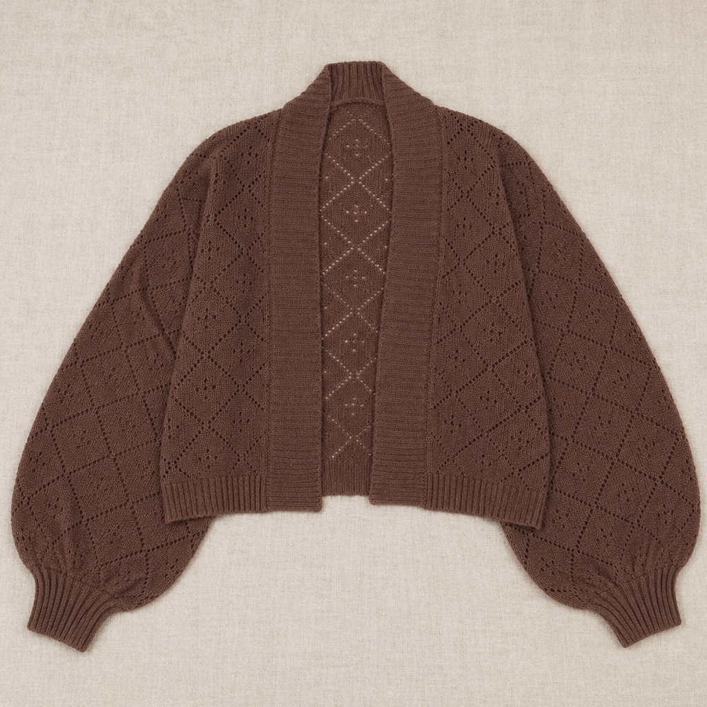 AerieLuxe™ – Hollow Knit Shawl Cardigan with Lantern Sleeves and Open Front
