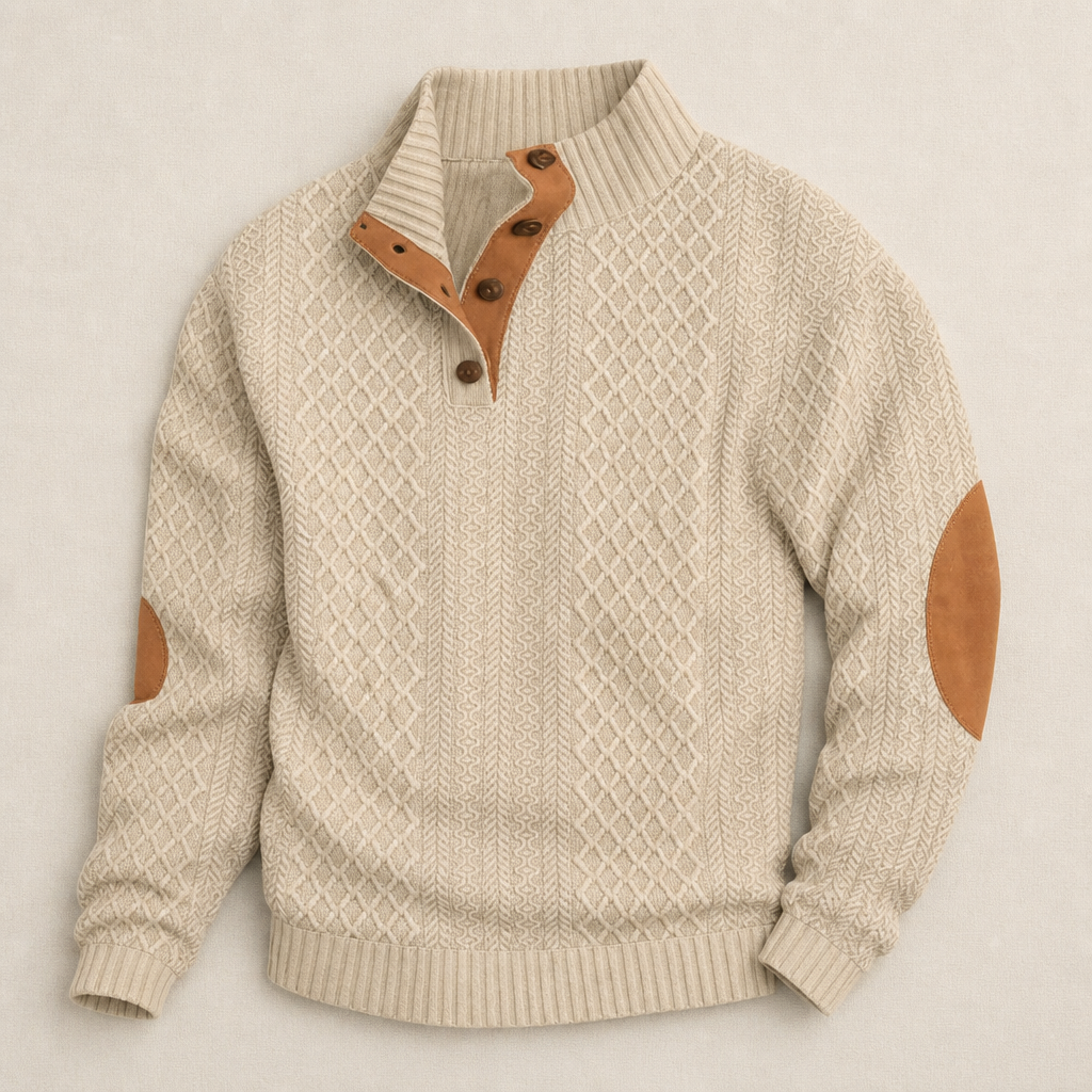 AtlasForge™ – Jacquard Textured Stand-Collar Sweater with Elbow Patches