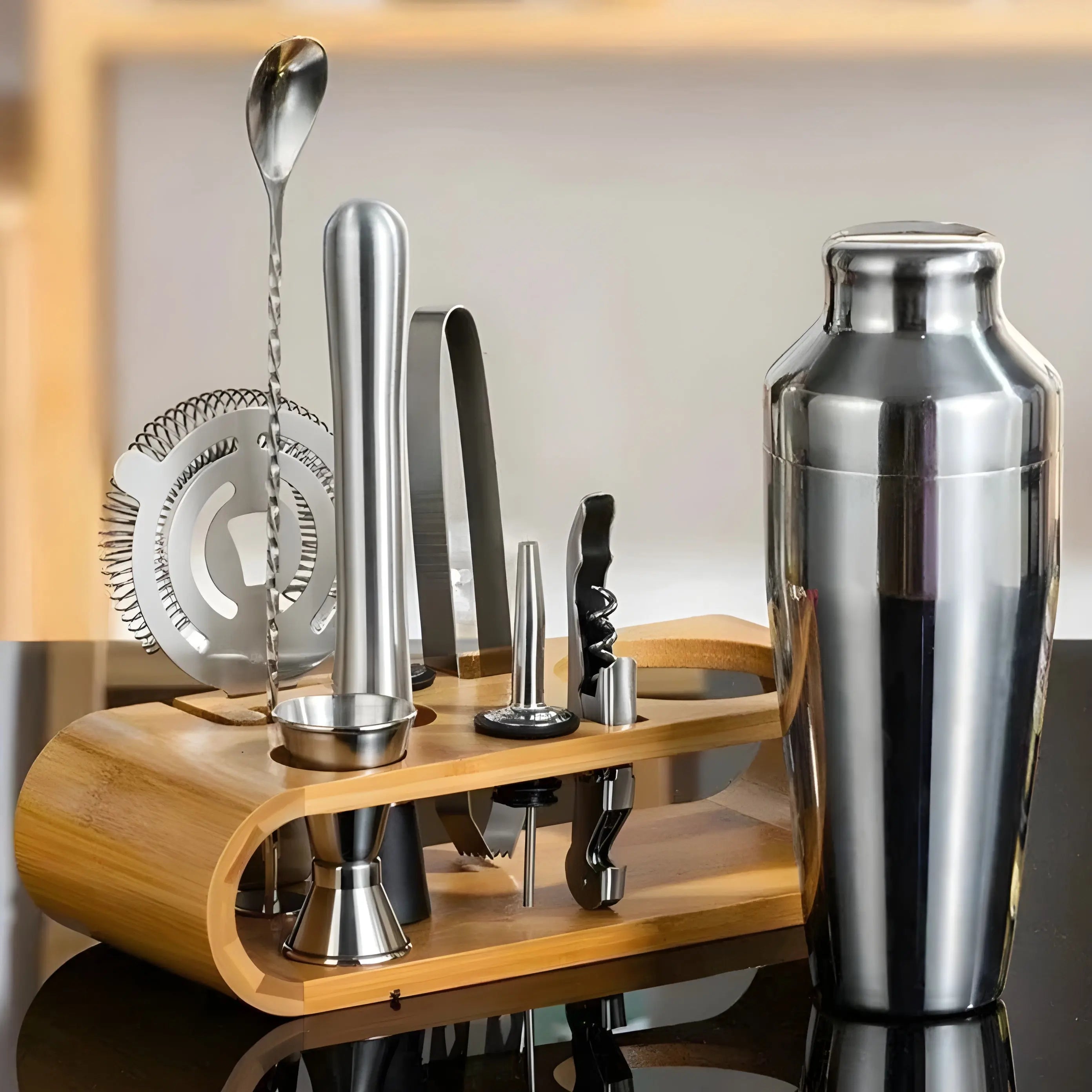 10-Piece Cocktail Set with Bamboo Stand | Bar Tools