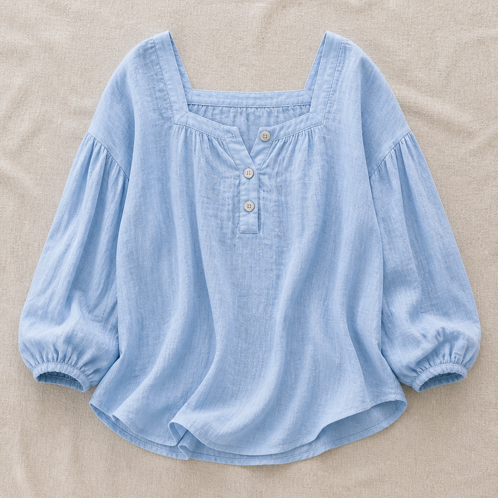 LumaFemme™ – Breezy Square-Neck Puff Sleeve Cotton-Linen Blouse