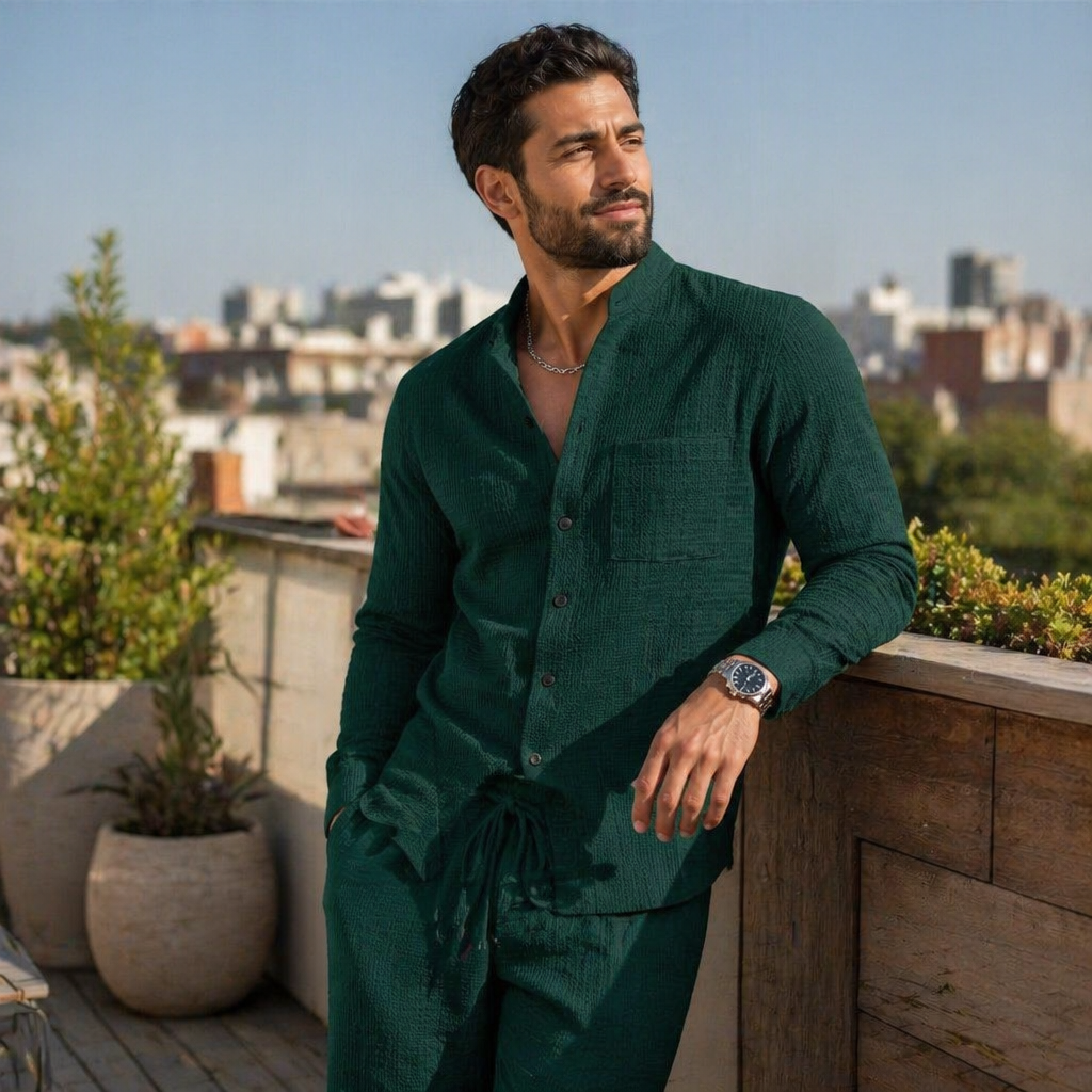 AnyWear™ – Casual Waffle-Knit Shirt & Pants Set Featuring Mandarin Collar