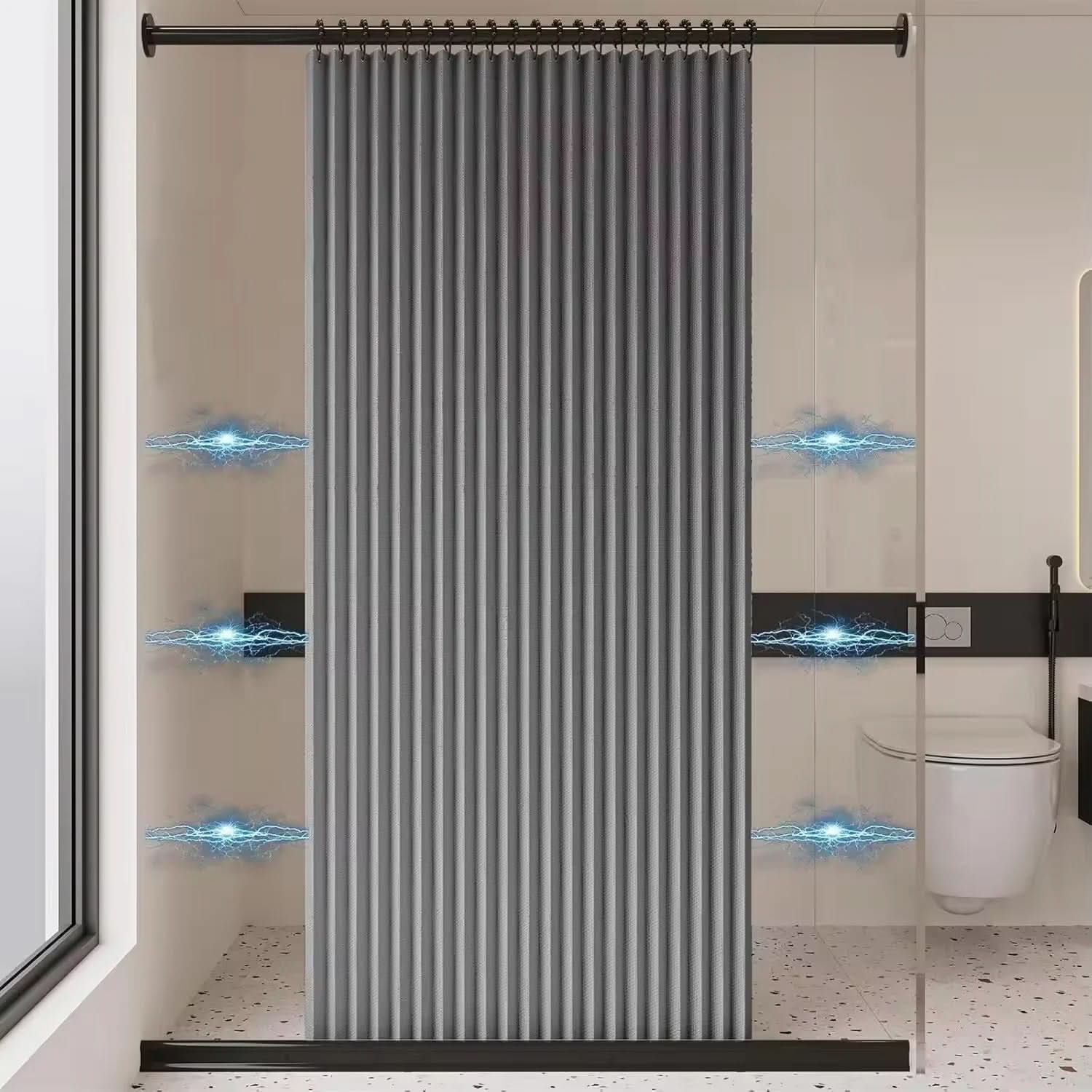 Foldable Shower Curtain with Push Rod for Walk-In Showers