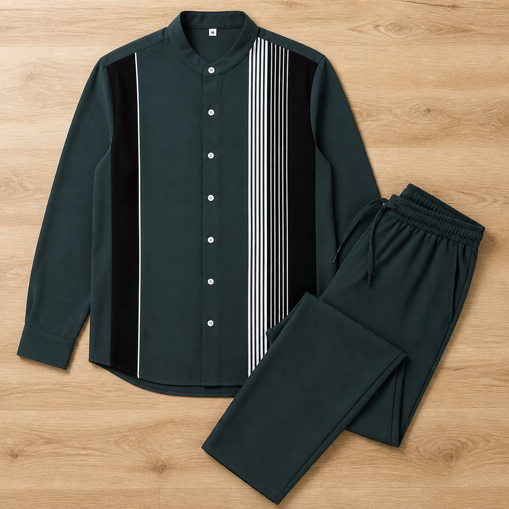 ValoroEdge™ – Color-Block Striped Mandarin-Collar Shirt & Pants Set