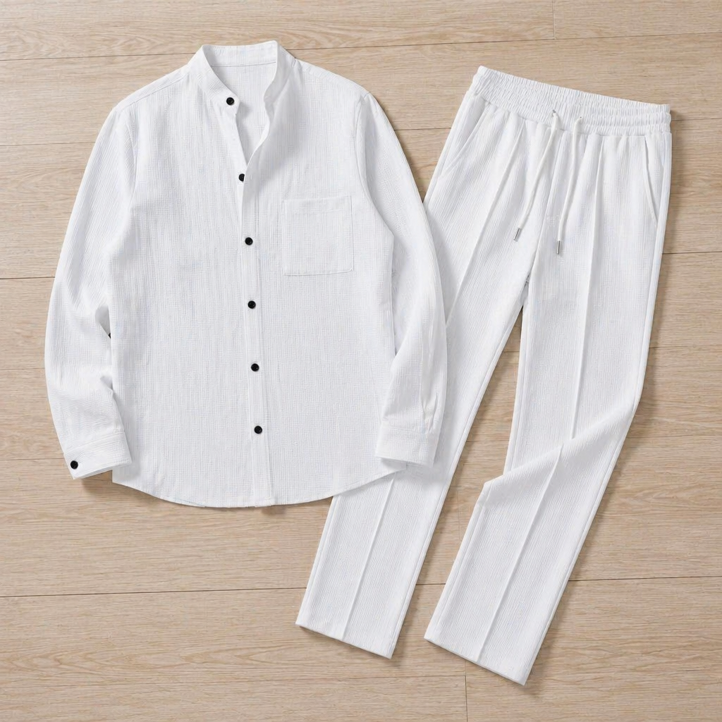 AnyWear™ – Casual Waffle-Knit Shirt & Pants Set Featuring Mandarin Collar
