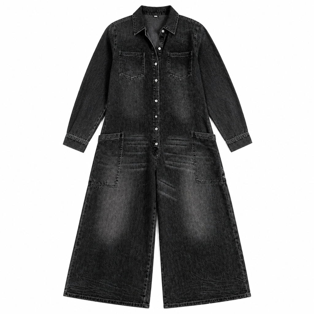Flowease™ – Laid-Back Wide-Leg Denim Jumpsuit Featuring Button-Front Top