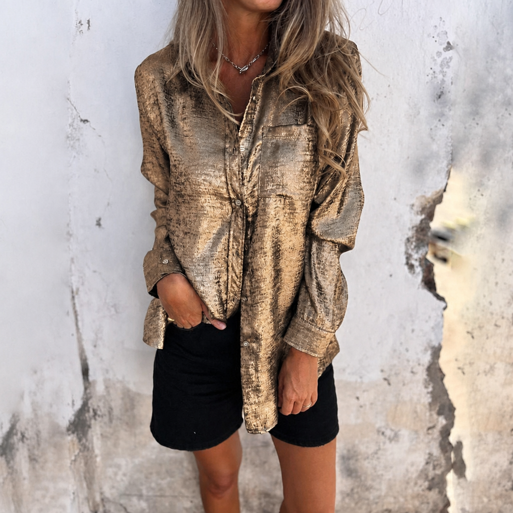 SilkenShade™ – Shiny Metallic Button-Down Shirt with Lapel Collar