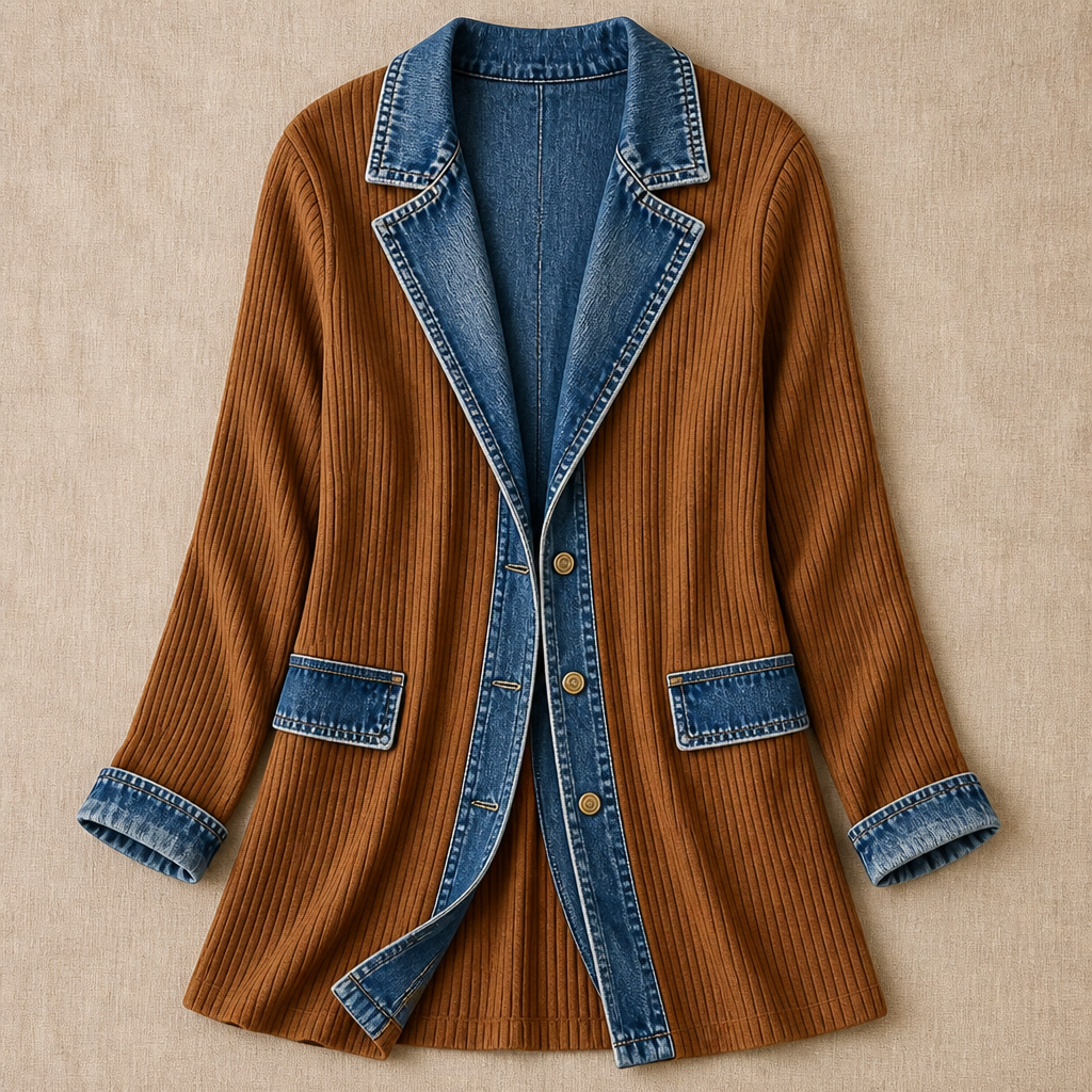 SolaceRidge™ – Soft Ribbed Knit Jacket with Contrast Denim Trim