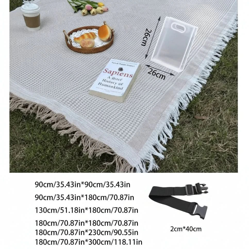 Woven Picnic Blanket in White Plaid with Tassel Edge for Outdoor Use