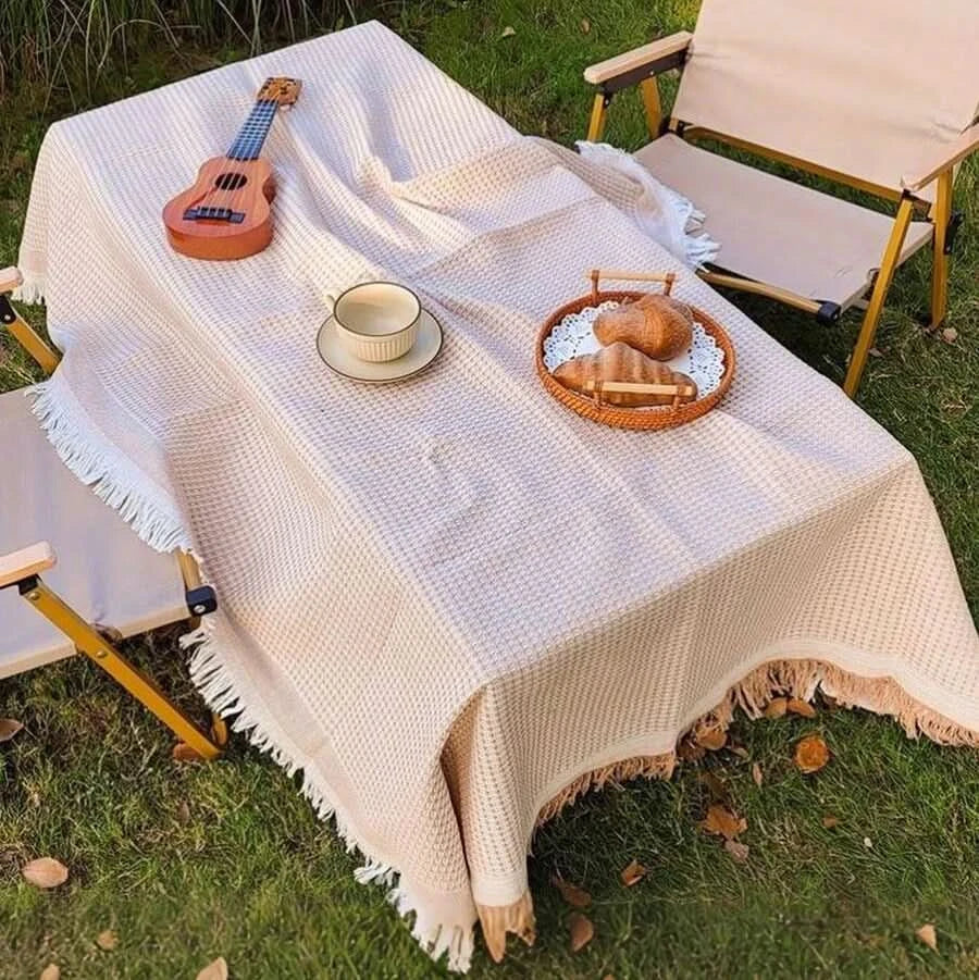 Woven Picnic Blanket in White Plaid with Tassel Edge for Outdoor Use